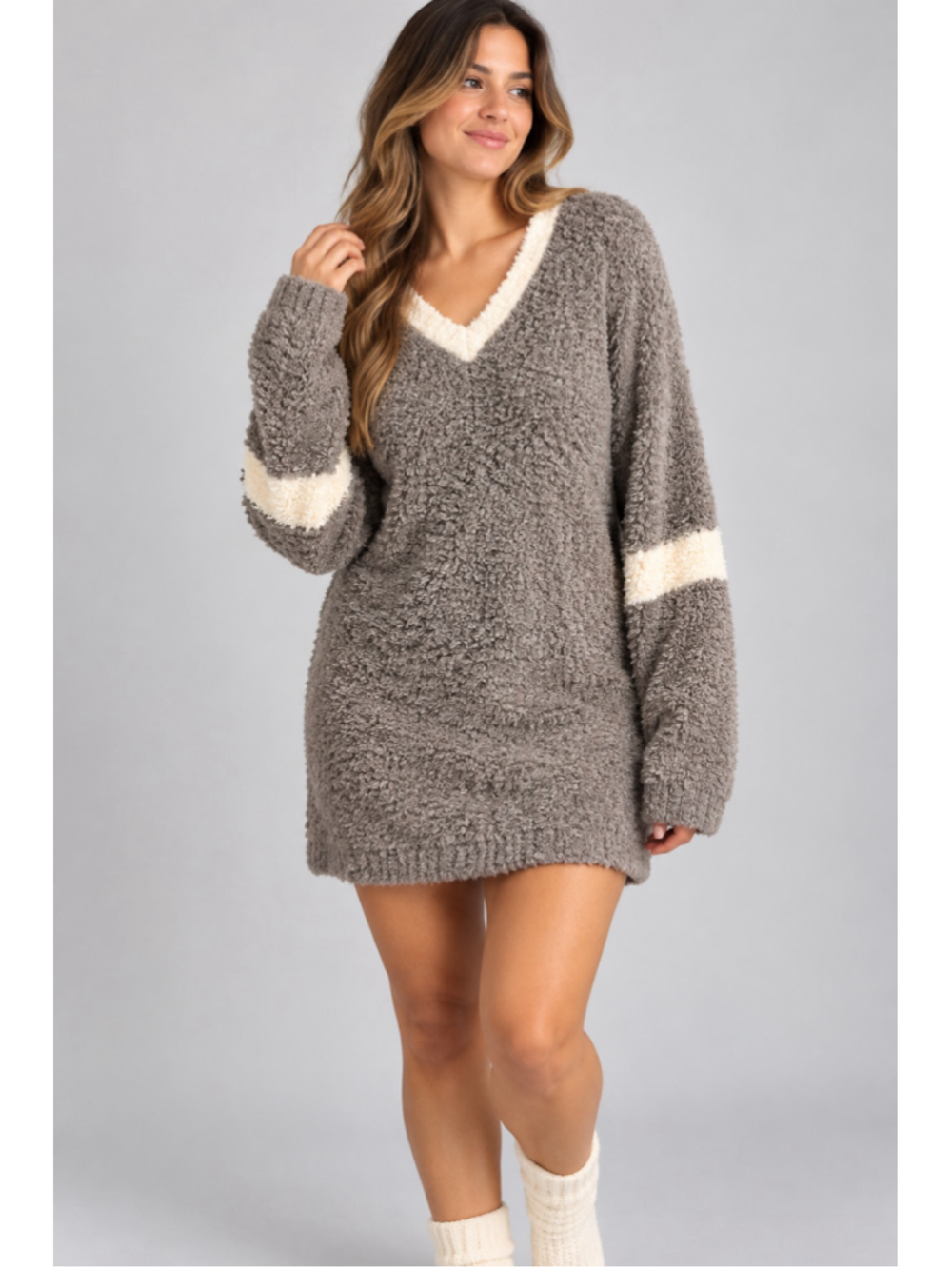 SKIMS Cozy Sherpa Knit V-Neck Mini Sweater Dress S//MGray